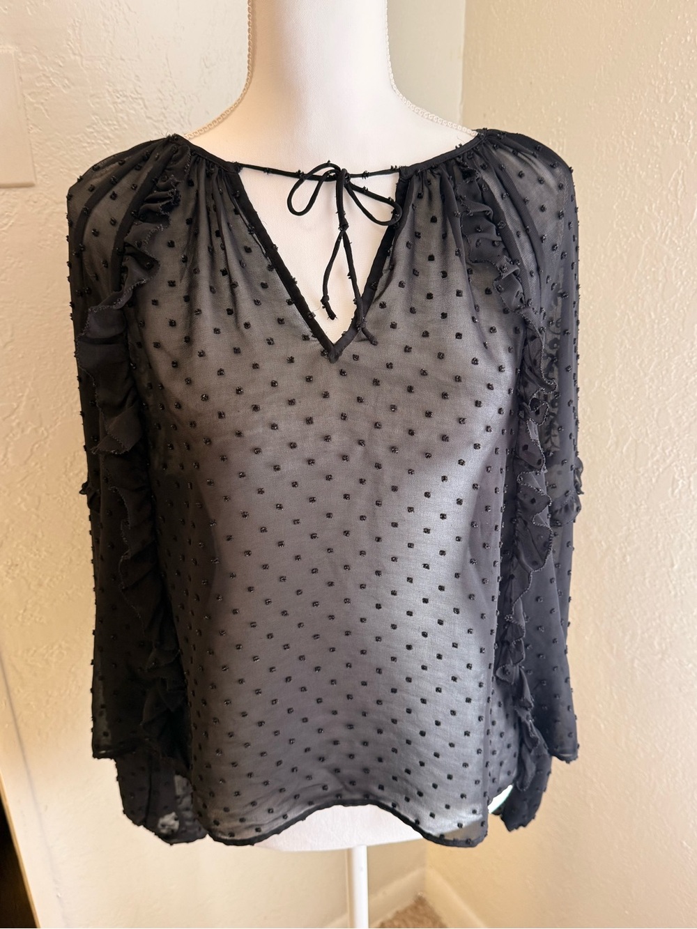 Express Black Swiss-Dot Ruffle Peasant Blouse